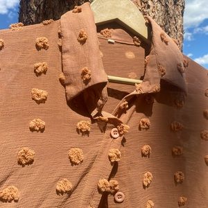 Sheer button up with cute little poms